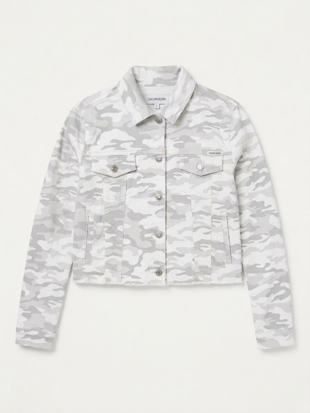 Calvin Klein White and Light Gray Camo Cropped Denim Jacket